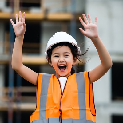 Child celebrates at construction site