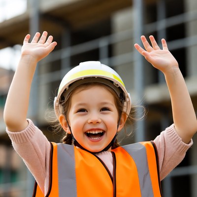 Child at construction site smiling happily