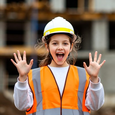 Child in safety gear at construction site