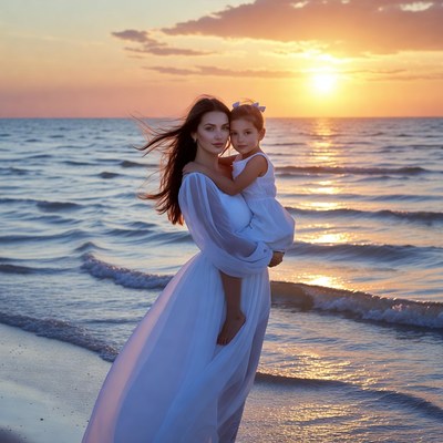 Sunset at the beach with mother and child