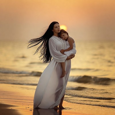 Mother and child by the sea
