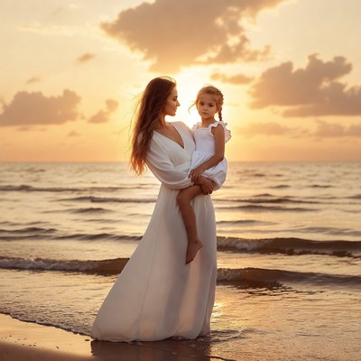 Mother and daughter at sunset by the sea