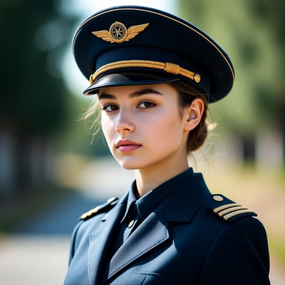 Young pilot in uniform stands outdoors