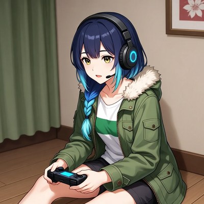 Woman plays video game indoors