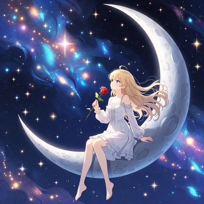 Girl sits on moon with rose