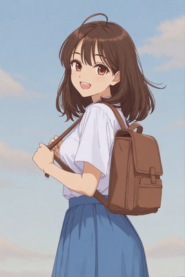 Girl with backpack smiling outdoors
