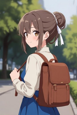 Girl with backpack walking in park