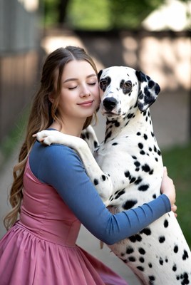 Girl hugs dalmatian dog outdoors