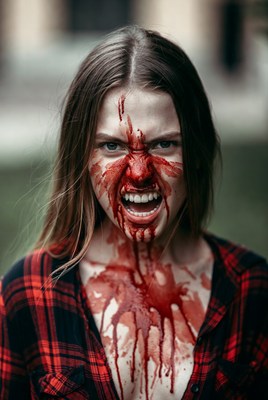 Young woman in red face paint at event