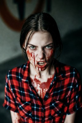 Woman with blood in urban setting