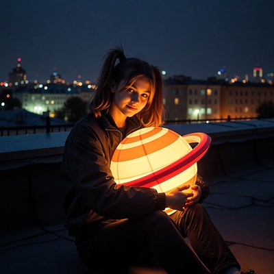 Girl holds glowing planet model at night