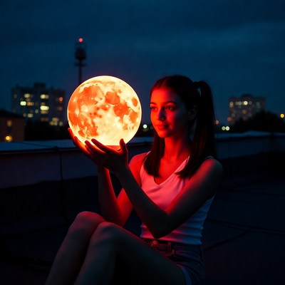 Girl holding moon on rooftop