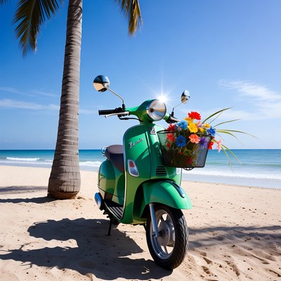 Green scooter on sandy beach
