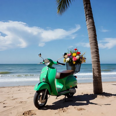 Scooter parked by the beach with flowers