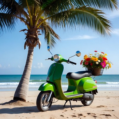 Green scooter by the beach