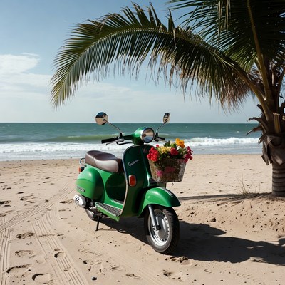 Green scooter by the beach