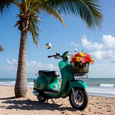 Bright scooter at the beach