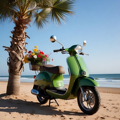 Scooter parked near beach with flowers