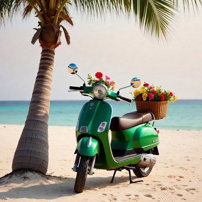 Green scooter with flowers at beach