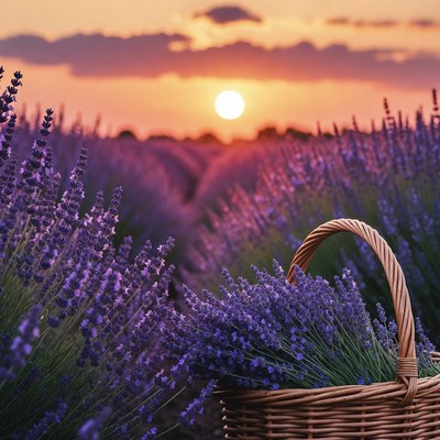 Lavender field at sunset with basket