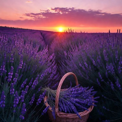 Lavender harvest at sunset scene