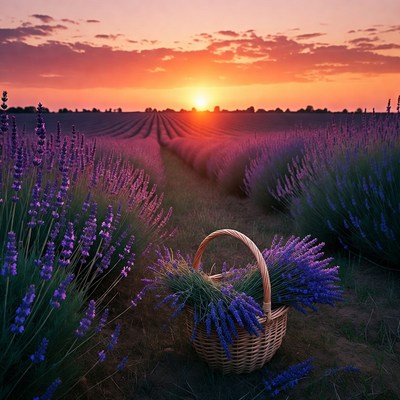 Lavender field at sunset with basket