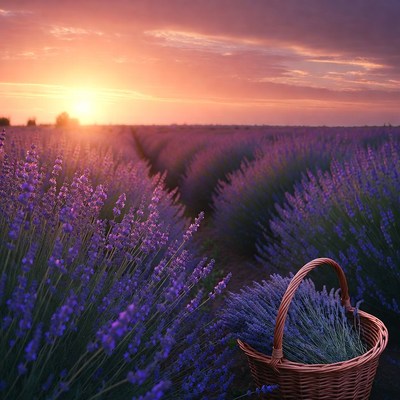 Lavender fields at sunset near the basket