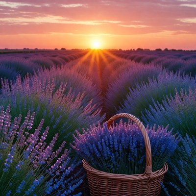 Lavender fields at sunset with basket
