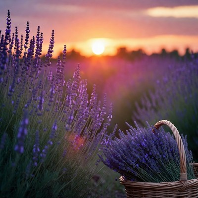 Lavender field during sunset with basket