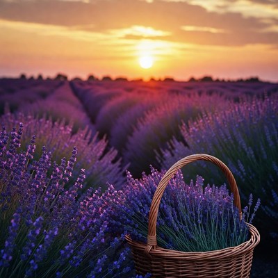 Basket in lavender field at sunset