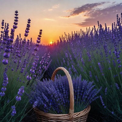 Lavender field at sunset with basket
