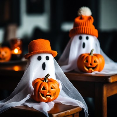 Halloween decorations with ghosts and pumpkins
