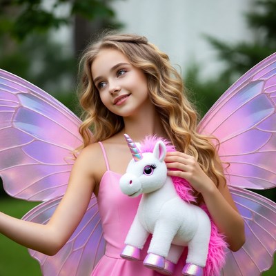Girl holding unicorn toy with wings