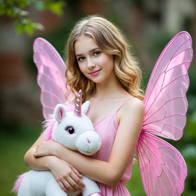 Girl with unicorn toy in garden