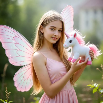 Girl holds unicorn plush toy