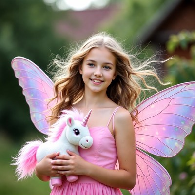 Girl with wings holding unicorn toy
