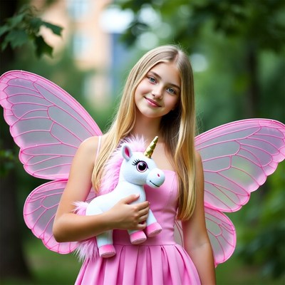 Girl with unicorn toy in park