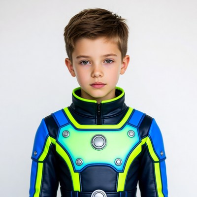 Boy in colorful costume posing indoors