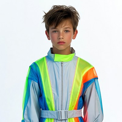 Child in colorful outfit posing indoors