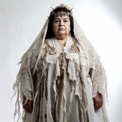 Woman in lace dress stands still