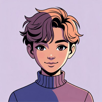 Boy with medium length hair in purple background