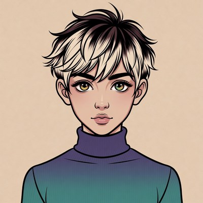 Young person with short hair and turtleneck