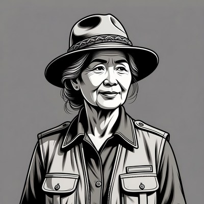 Older woman in hiking gear against gray background