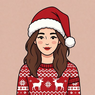 Woman wearing christmas sweater and hat