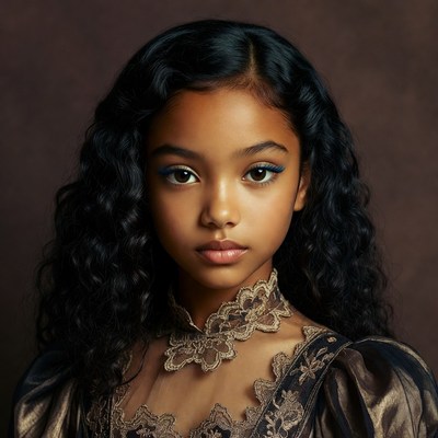 Young girl with curly hair in dark attire