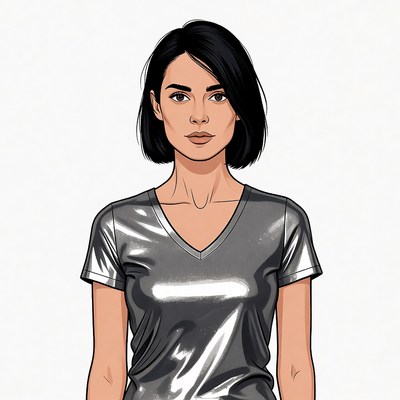 Woman in silver shirt stands still