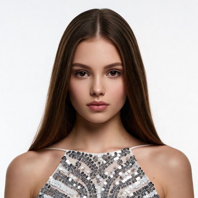 Model poses with long hair and shiny dress