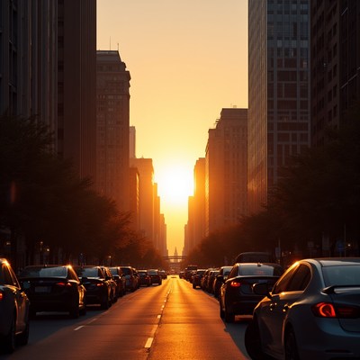 Sunset over busy city street