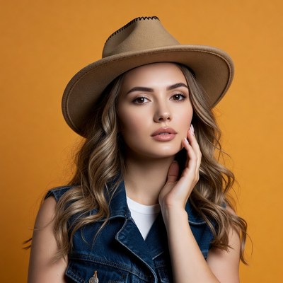 Woman in hat and denim vest