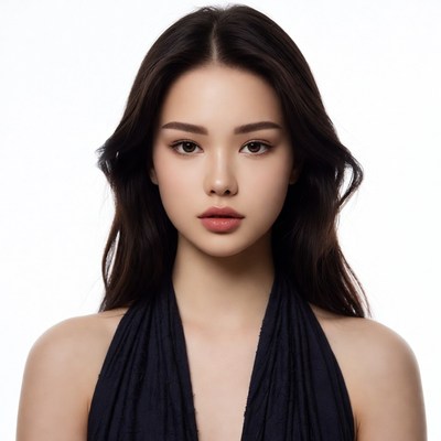 Woman with dark hair in simple pose